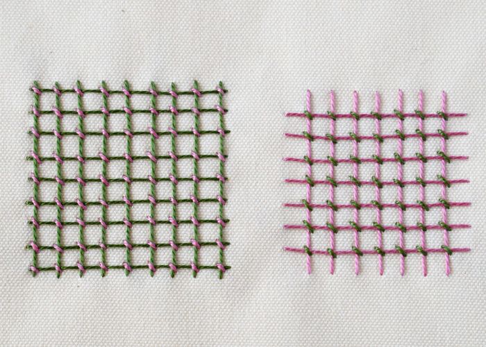 Jacobean Couching with pink and green pearl cotton